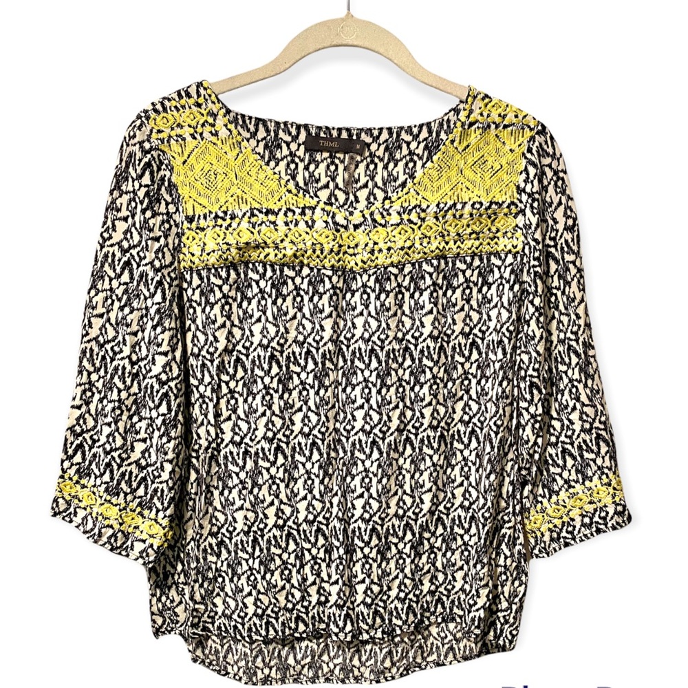 THML Embroidered Pullover Top ~ Navy with Yellow Embroidery